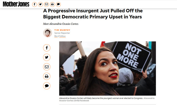 Screen shot of a June 26, 2018 article by Mother Jones using a copyrighted photo by Yorktown Heights-based professional photographer Jose Alvarado of now-Rep. Alexandria Ocasio-Cortez prior to her upset win in the New York Democratic primary.