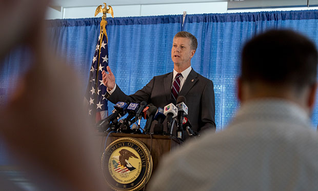David Anderson, United States Attorney for the United States District Court for the Northern District of California announces the indictment of Anthony Levandowski (Photo: Jason Doiy/ALM)