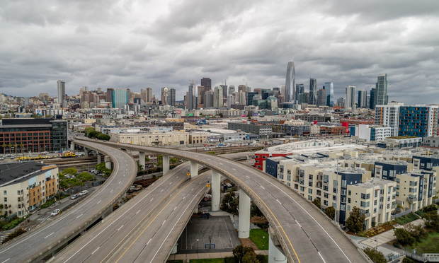 Aerial view of the morning commute on March, 24, 2020, showing San Francisco with a deserted Highway 280 in the foreground. (Photo: Jason Doiy/ALM)
