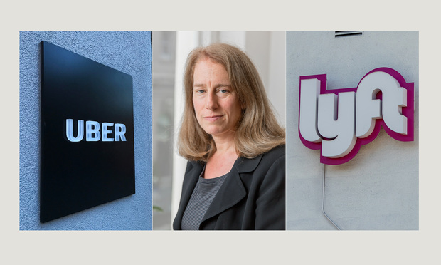 Shannon Liss-Riordan and UBER LYFT logos.