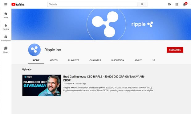 screenshot of Ripple Inc. page in Youtube.