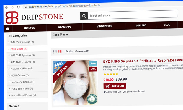 Screenshot of website www.dripstonellc.com selling the respirator face masks named BYD KN95.