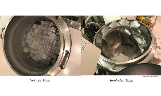 An imploded cryopreservation tank at Pacific Fertility Center in San Francisco.