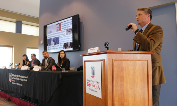Darren Penn of the Penn Law Group moderated a panel discussion with lawyers and a reporter with the Indianapolis Star to tell how they worked together to expose a cover-up of sexual abuse inside USA Gymnastics. The panel (from left) included Courtney Kiehl, Derek Bauer, Brian Cornwell and Marissa Kwiatkowski.
