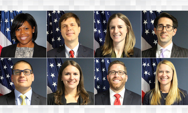 AUSA's Northern District of Georgia. Top row (from left) are Angela Adams. Austin Hall, Flora Manship and Theodore Hertzberg. Bottom row (from left) are Andres Sandoval, Erin Spritzer, Noah Schechtman and Leanne Marek.