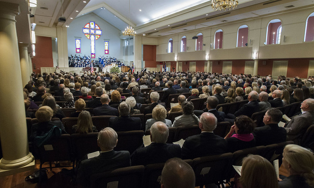 The Great Hall of the First Presbyterian Church of Marietta seated over 700 friends, family and colleges of the late Georgia Supreme Court Chief Justice P. Harris Hines, during a memorial service on Tuesday. Staff-Kelly J. Huff