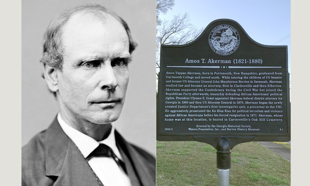 Amos T Akerman (left) and the Cartersville roadside marker in his memory (Courtesy photo: Ga. Historical Society)