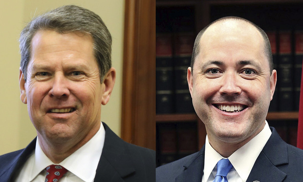 Georgia Governor Brian Kemp, left, and Attorney General Chriss Carr, right.