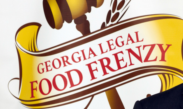 A gavel0and-banner logo for the Legal Food Frenzy.