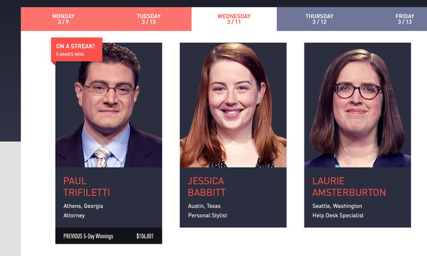 This is Jeopardy! website featuring the contestants for Wednesday, March 11, including attorney Paul Trifiletti (left).