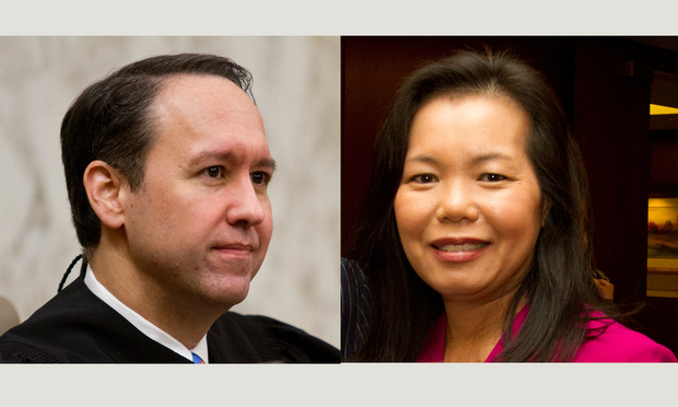 Georgia Supreme Court Justices Keith Blackwell (left) and Carla Wong McMillian.