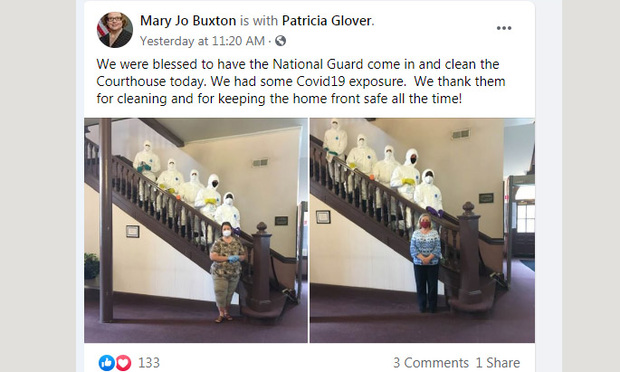 Facebook post from Mary Jo Buxton about the National Guard cleaning the Long County Courthouse for COVID-19.