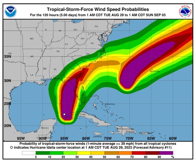 A graphic showing the projected path of Hurricane Idalia.