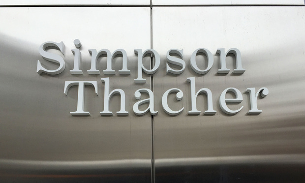 Simpson Thacher & Bartlett office sign. (Photo: Diego M. Radzinschi/ALM)