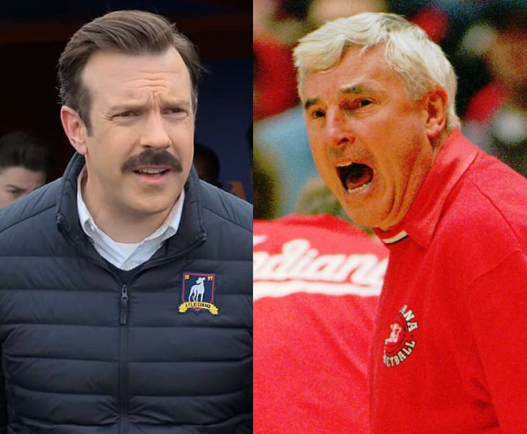 Actor Jason Sudeikis as character Ted Lasso, left, and former Indiana basketball coach Bobby Knight, right. Credit: Apple TV+ and Tom Russo/AP