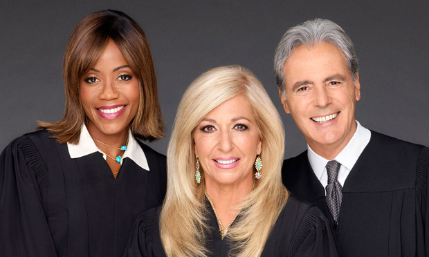 Judge Tanya Acker, Justice Patricia M. DiMango, and Judge Michael Corriero on CBS Television Distribution’s syndicated court show HOT BENCH, created by Judge Judy Sheindlin. Photo courtesy of Hot Bench TV