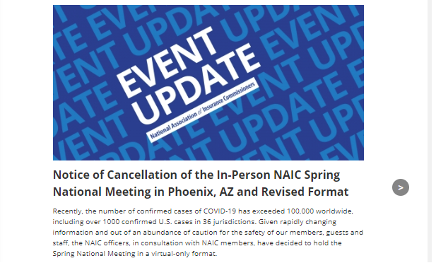 NAIC Cancels In Person Spring Meeting Due to COVID 19 Concerns